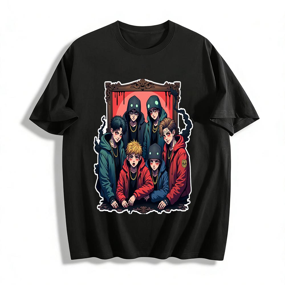 

Dark Street Style Mirror Boys Print Hoodie Hip Hop Subculture Loose Casual Top Pure cotton T-shirt 6XL