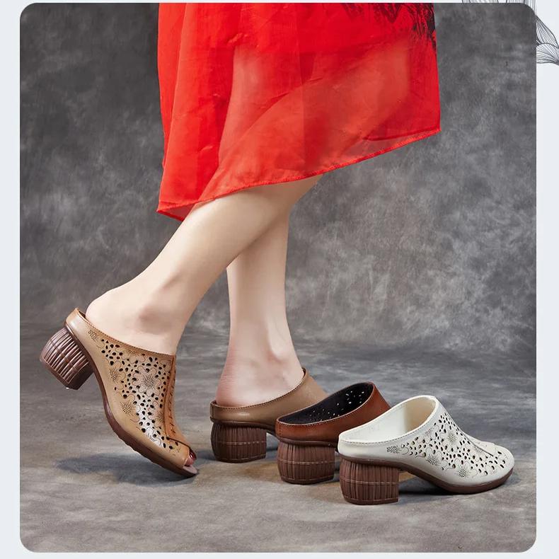 Johnature Retro Peep Toed Versatile Slippers Genuine Leather Hollow-out Breathable Kitten Heels Women's Sandals