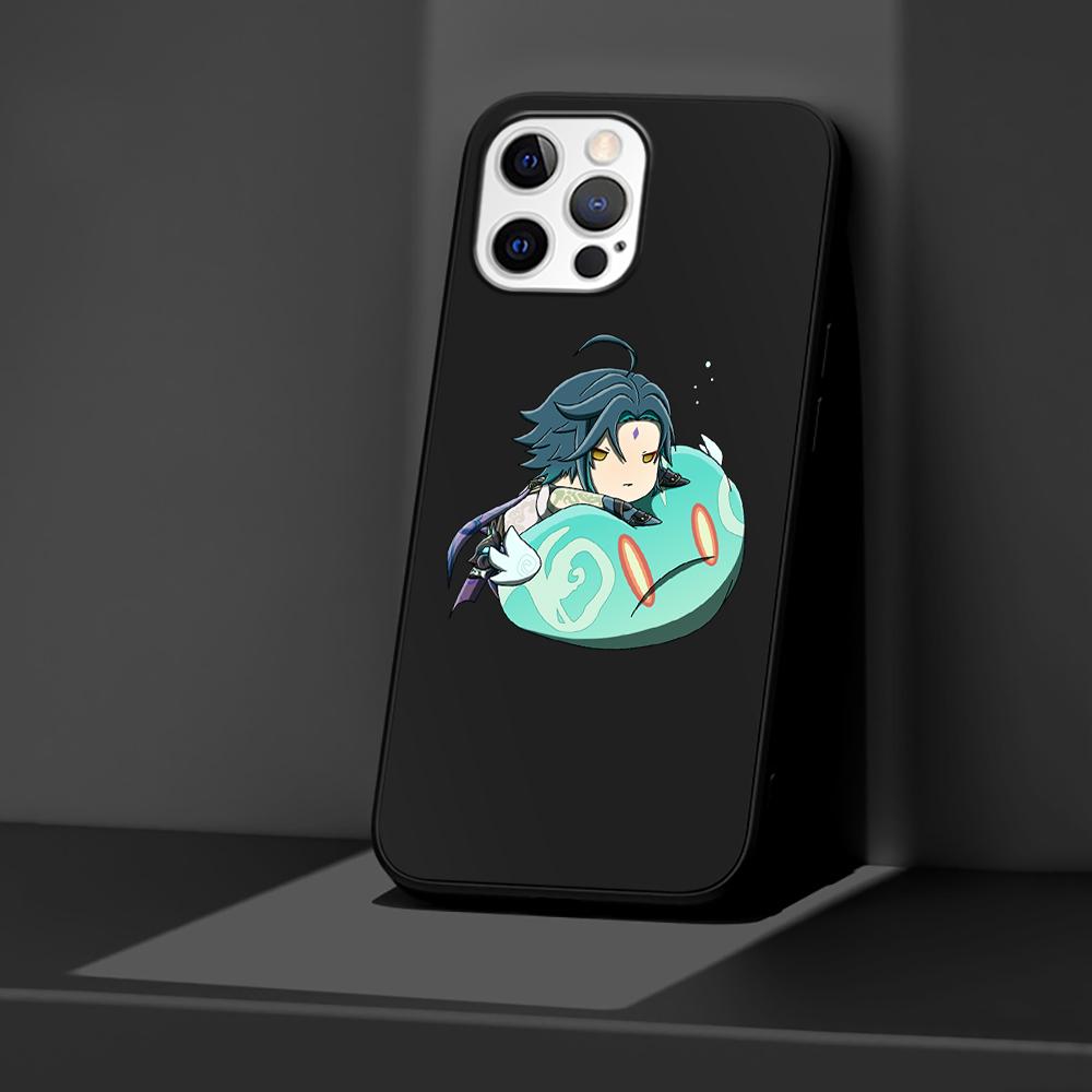 Phone Case for Apple iPhone 14 11 13 Pro Max 12 Mini XR 7 8 + SE 2020 XS 6 6s Plus 5 5s Genshin Impact Cute Silicone Black Cover