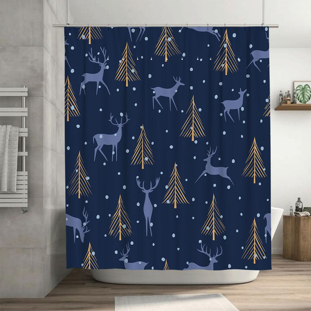 Modern Christmas Shower Curtain with Elk Pine Tree Design Waterproof Fabric for Bathroom Decorations Navy Blue + Gold Pattern Fr