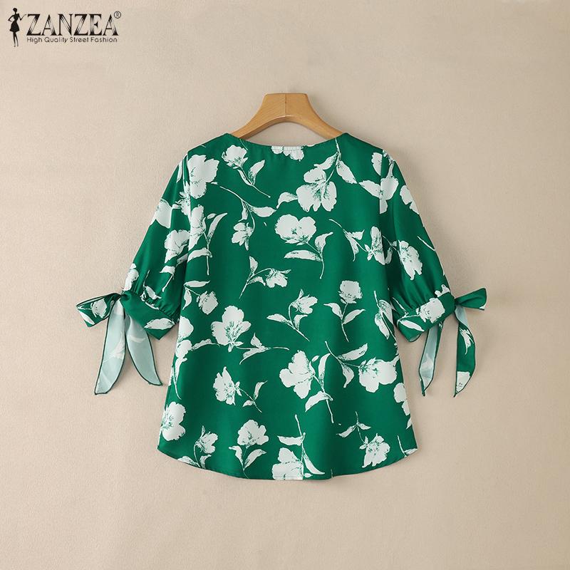 ZANZEA Women Casual Round Neck Lace-Up Half Sleeve Print Blouse