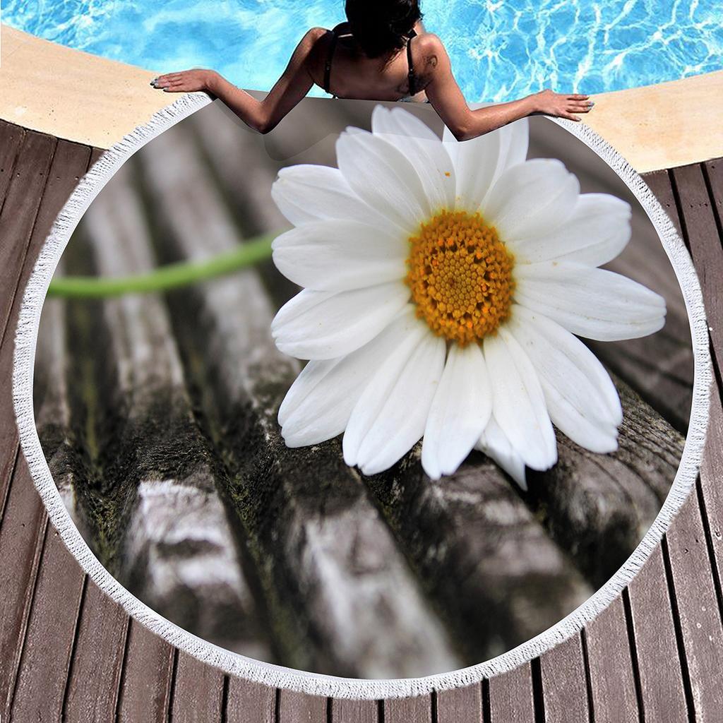 Floral Daisy Round Beach Towel,Microfiber Beach Blanket Sand Free Quick Dry Swim Pool Bath Circle Towel with Tassel for Teen Men