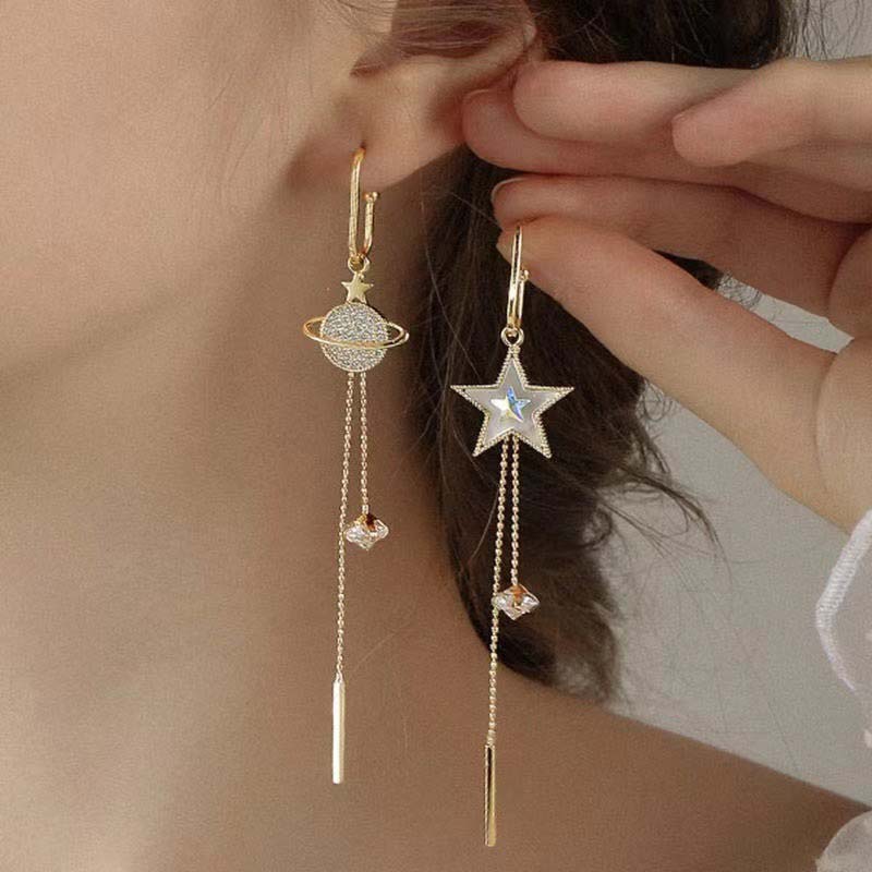 Korean Asymmetric Cross Star Tassel Earrings For Women Exquisite Shiny Crystal Long Chain Dangle Earrings Wedding Zircon