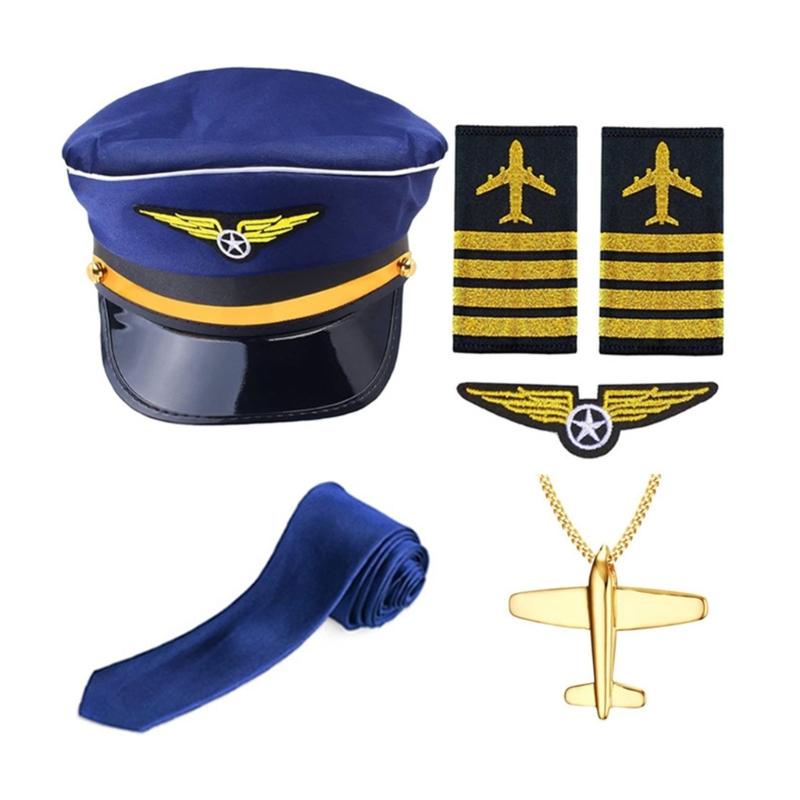 Flugkapitän-Kostüm für Erwachsene, Piloten-Cosplay-Accessoire, Uniform, Schulterklappen, Hut, Krawatte, Flugbegleiter-Rollenspiel-Outfit