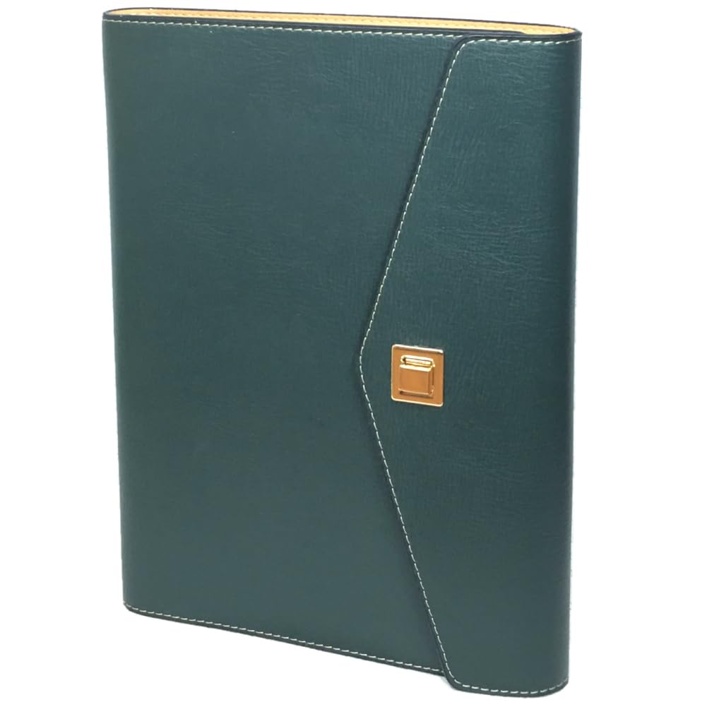 

A5 Size System Soft Pen Card Rotating Business Binder Planner, 6-Ring, Leather, 100-Sheet Capacity, Holder, Pockets, Lock, (Deep Green)