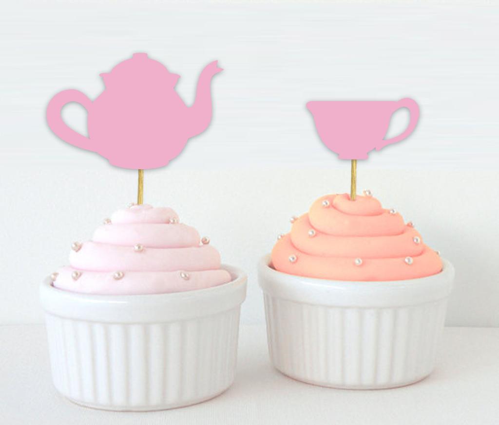 Darling Souvenir| Bridal Shower Tea Party Cupcake Topper| Birthday Dessert Decorations Tea Kettle Cup Cupcake Toppers - Pack Of