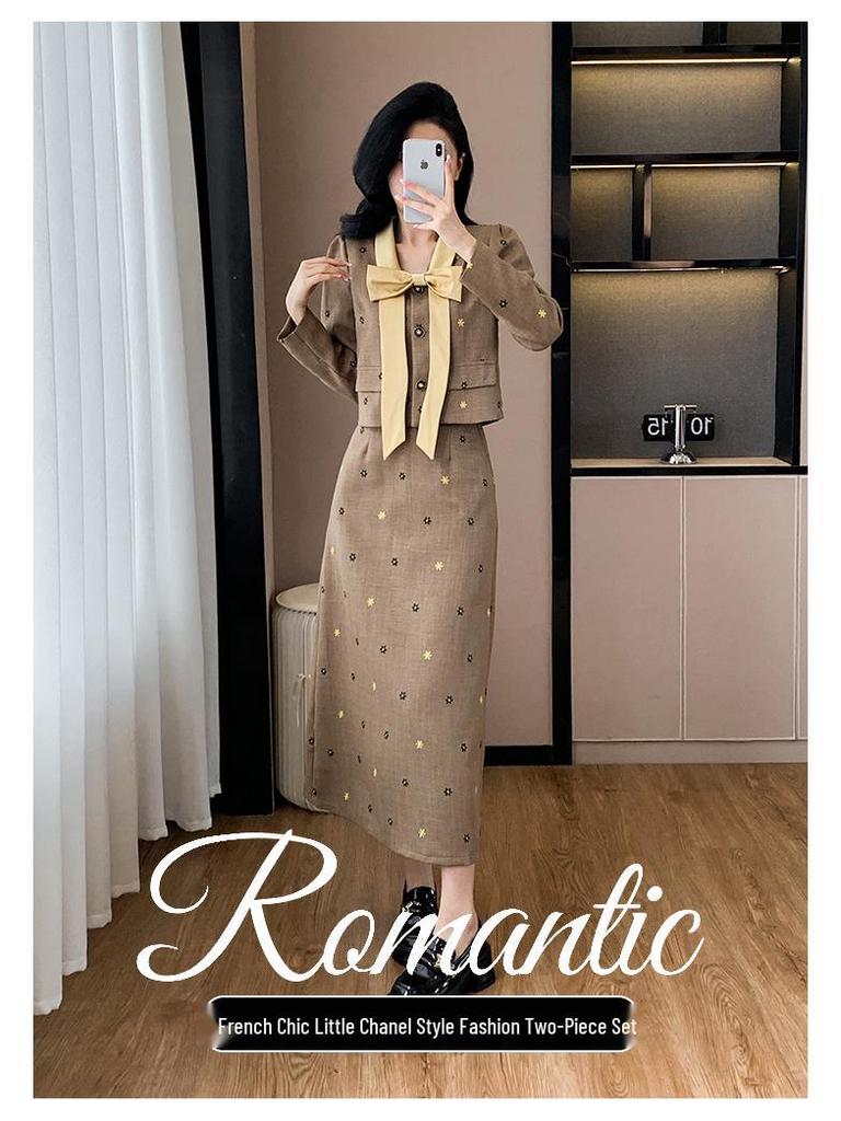 Autumn Chic Two-Piece Set: Elegant Bow Long-Sleeve Top and Midi Skirt