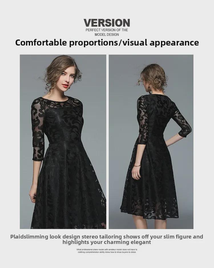 Übergröße Spitzen-Swingkleid mit Dreiviertelärmeln - Europäischer & Amerikanischer Stil, Slim Fit für Frühling und Herbst