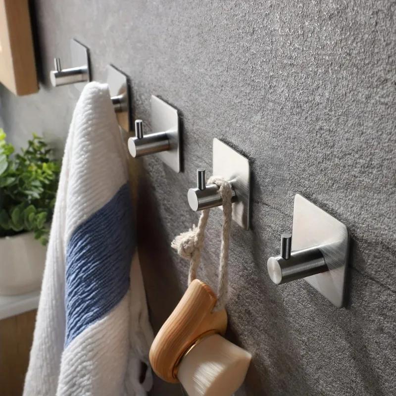 

4pcs Self-Adhesive Towel Hooks 304 Stainless Steel Stick-On Wall Hooks For Home Coat Robe Bathroom Organization Accessories