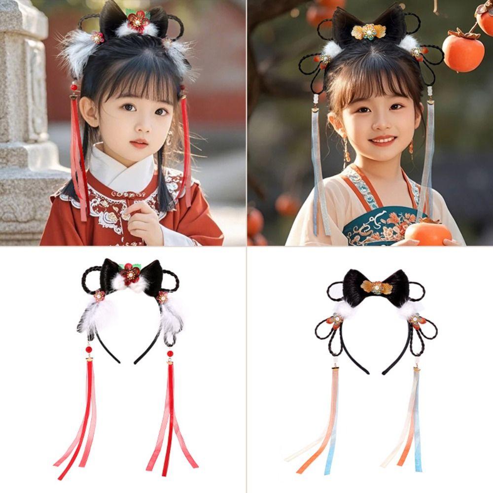 Tassel Children Wig Headband Braid Hair Red Bow Hairband All-match Hanfu Hair Sticks  Children