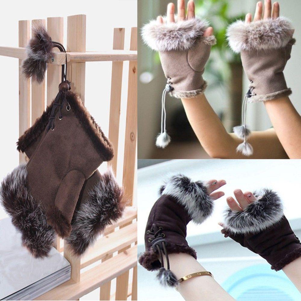 Solid Supple Lady Genuine Color Warm Fashion Trim Soft Rabbit Fur Women Gloves Fingerless