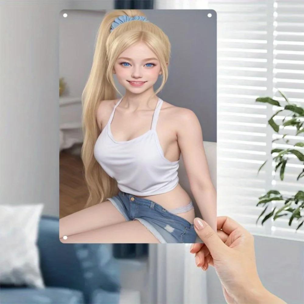 Ретро Аниме Металлическая Пластина Настенный ДекорПерсонаж со Светлыми Волосами и Голубыми ГлазамиПрочная Жестяная Пластина Арт 20x30cm