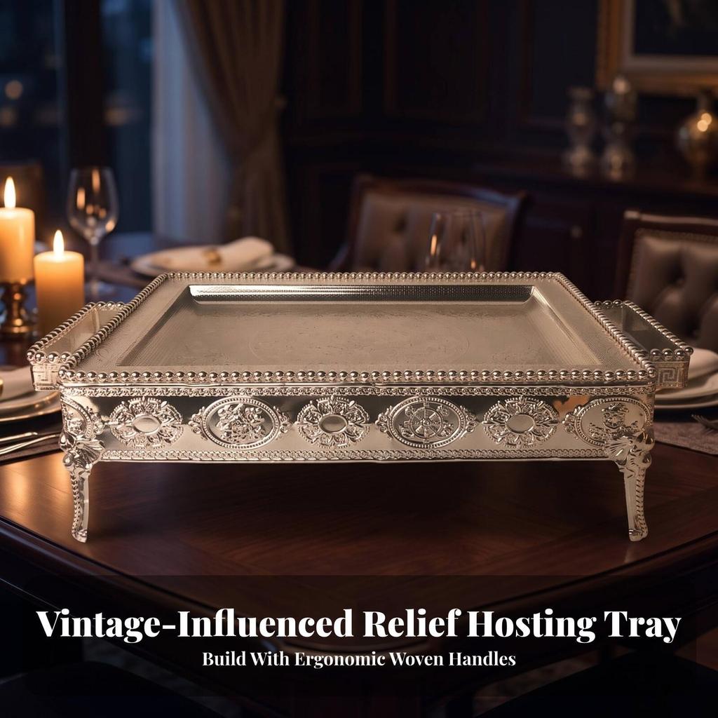 Serving Tray with Handles Embossed Metal Serveware Easy To Clean