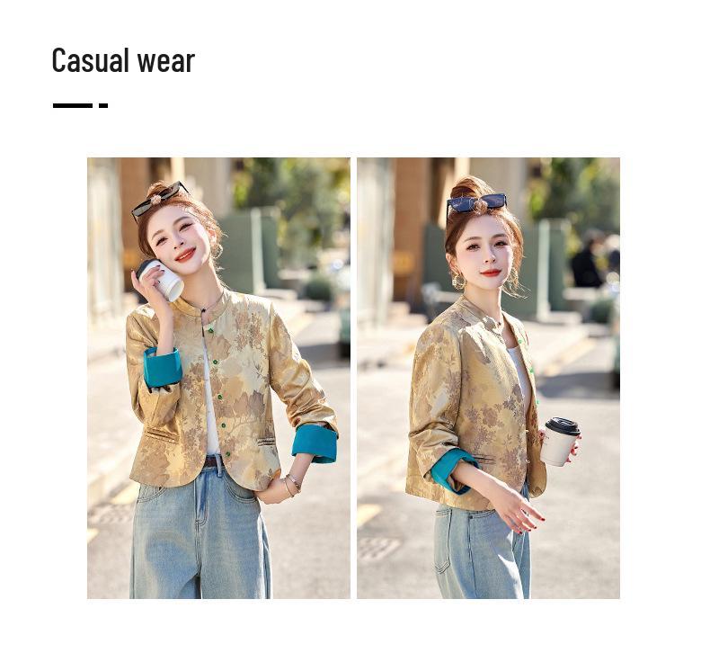 Spring 2025 Women's Slim Fit Colorblock Jacquard Jacket with Chinese Stand Collar & Retro Frog Buttons 