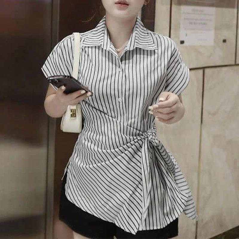 

ZANZEA Жіноча блузка з коротким рукавом у смужку з відкладним коміром для літа S чорний