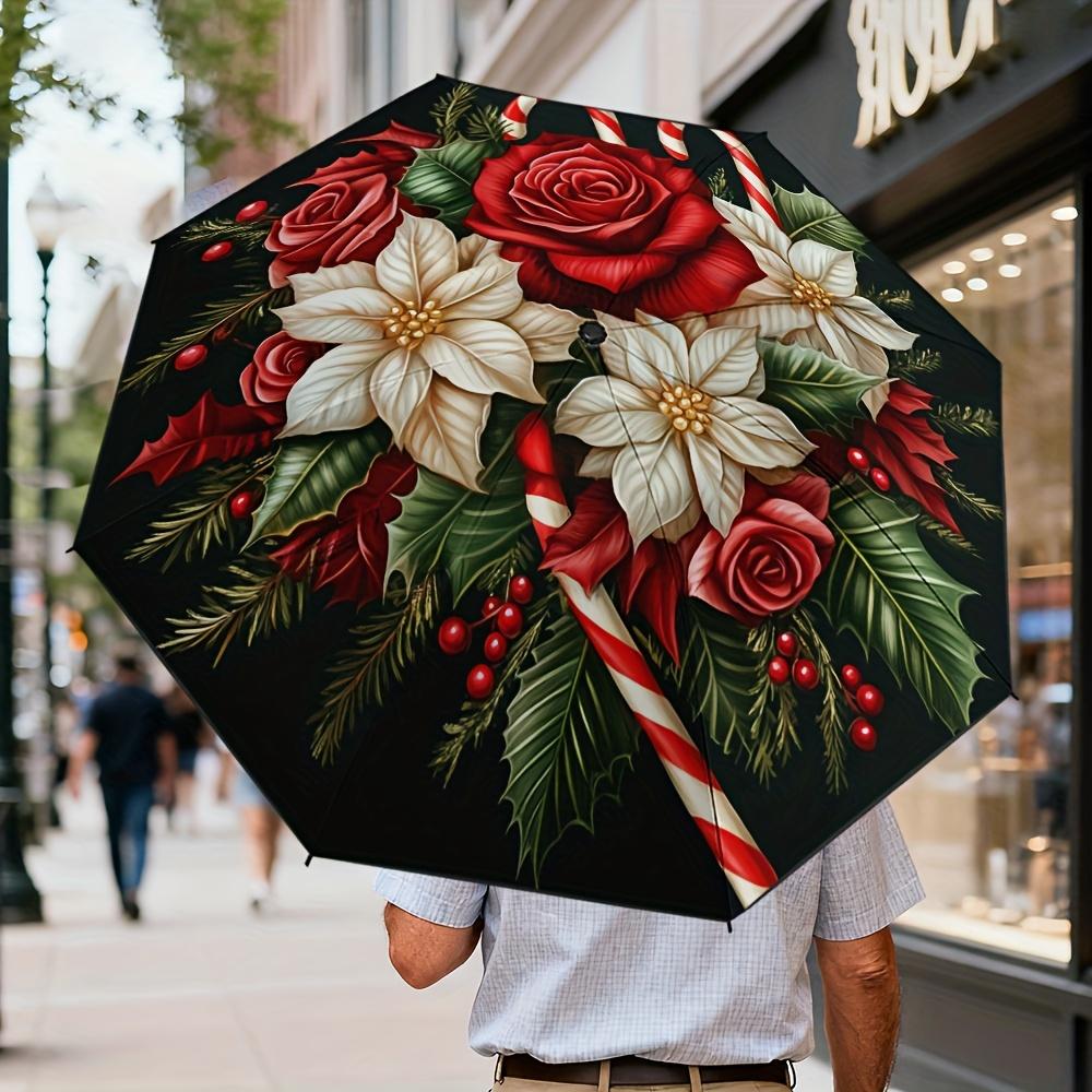 

1pc Open/Close Christmas Candy Bouquet Umbrella with Poinsettia & Candy Cane Design - Red/Green/White Folding Umbrella, 8-Rib (as the picture,iron&8K)