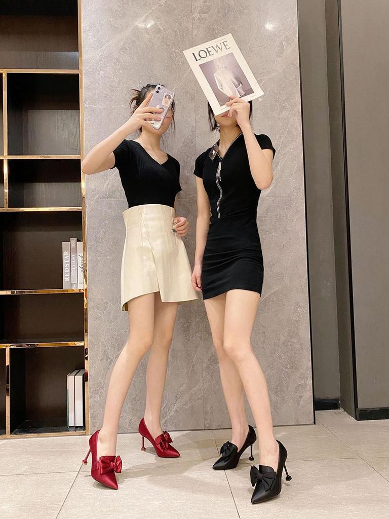 Pointed Bow High Heels Single Shoes Women's Thin Heels Korean Version 2025 Spring New Niche Deep Mouth Shoes Red Wedding Shoes