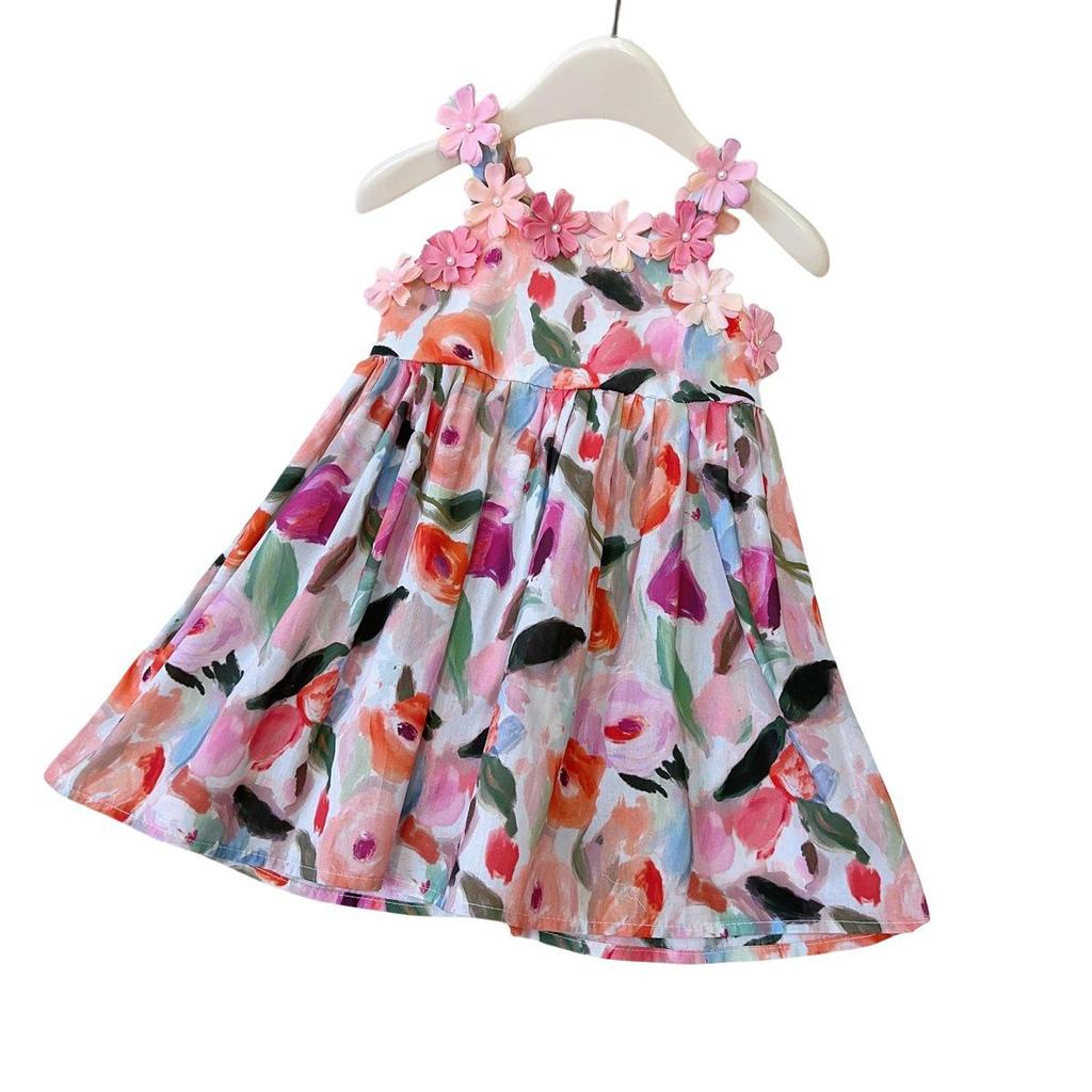 Girls' Floral Spaghetti Strap Summer Dress - French Style Princess Vest Dress AXB685
