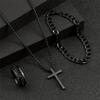 Ensemble 3 pièces Mode Hip-hop Couleur Argent Chaîne Cubaine Pendentif Croix Collier Bracelets Bagues pour Hommes Ensembles de Bijoux Personnalité Cadeaux