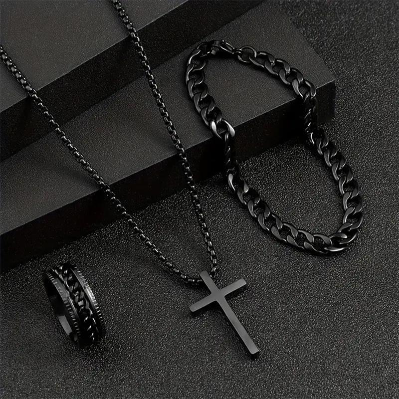Ensemble 3 pièces Mode Hip-hop Couleur Argent Chaîne Cubaine Pendentif Croix Collier Bracelets Bagues pour Hommes Ensembles de Bijoux Personnalité Cadeaux