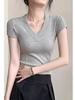 Women's Grey V-Neck Short-Sleeve Cotton T-Shirt: Design-Inspired, Waist-Cinching, Slimming Fit, Ideal Summer Base Layer.