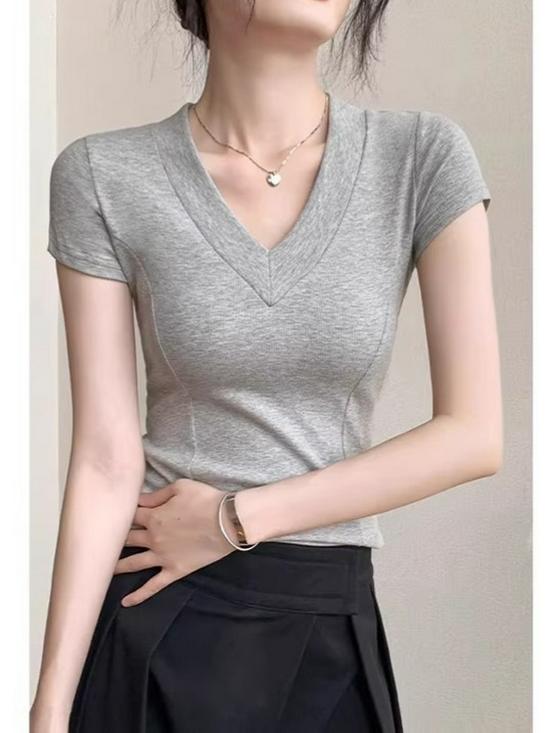 Women's Grey V-Neck Short-Sleeve Cotton T-Shirt: Design-Inspired, Waist-Cinching, Slimming Fit, Ideal Summer Base Layer.
