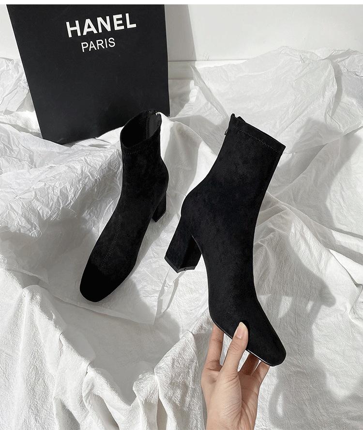 Hnědé krátké boty dámské vysoké podpatky podzim a zima nové semišové zadní zip francouzské malé kotníkové boty silný podpatek elastické čtvercová špička tenké boty