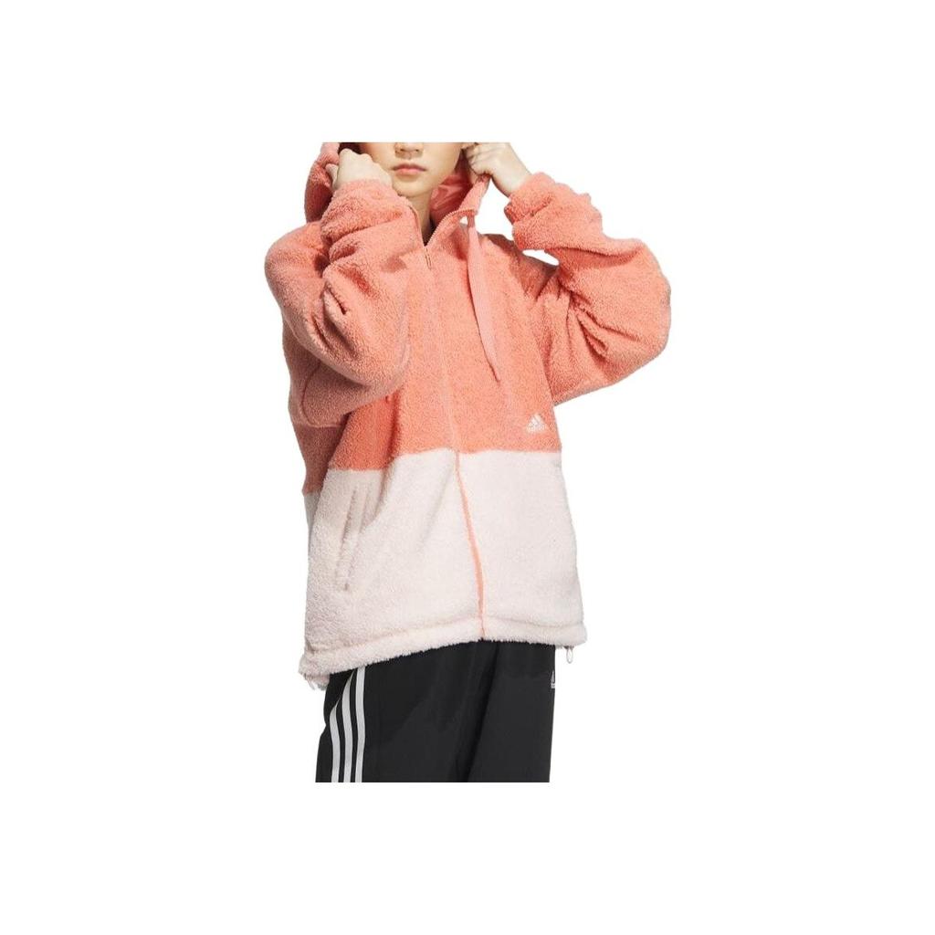 Adidas Loose Fit Color Block Fleece Zip-Up Hoodie Jacket Women Jackets Orange IK9864
