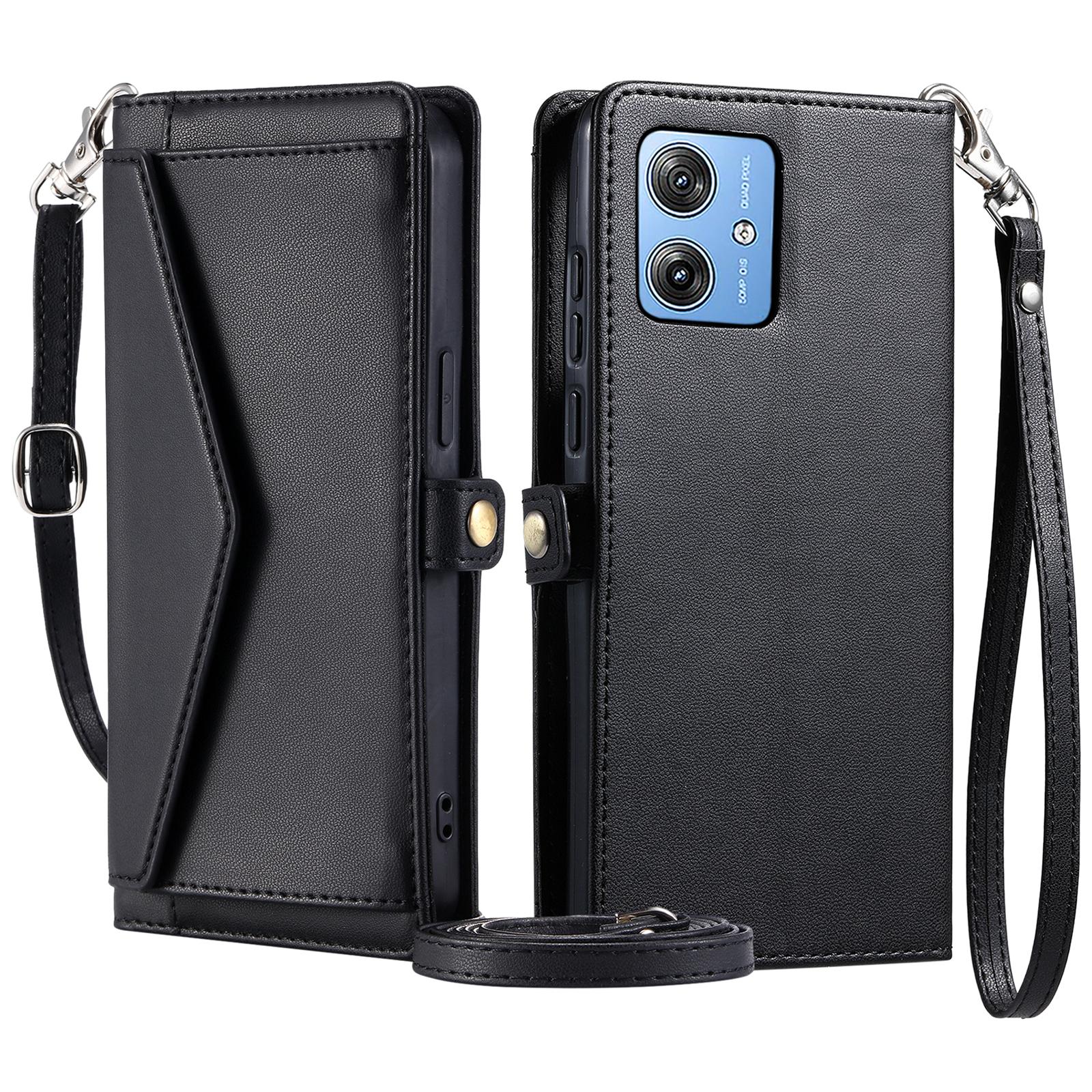 

Для Motorola Moto G54 5G/G64 5G Кожаный чехол Кошелек Подставка Чехол для телефона с ремешками Black