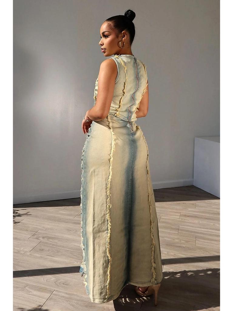 Women's Denim Skirt and Vest Set – European & American Handmade Distressed Style with High Slit