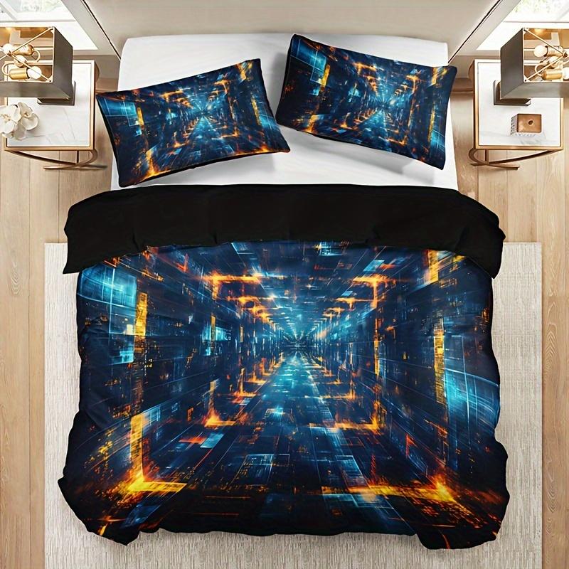 Tech Space Plaid Duvet Cover Set Breathable Polyester Machine Washable Perfect for All Seasons High-definition Print Bedding Set