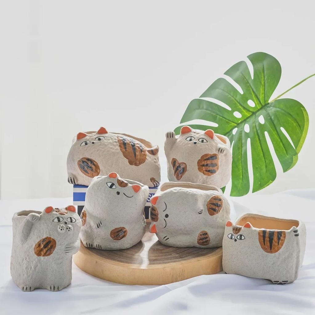 Fortune Cat Ceramic Succulent Flower Pot Home Balcony Desktop Decoration Animal Flower Pots with Leakage Holes Cactus Planter