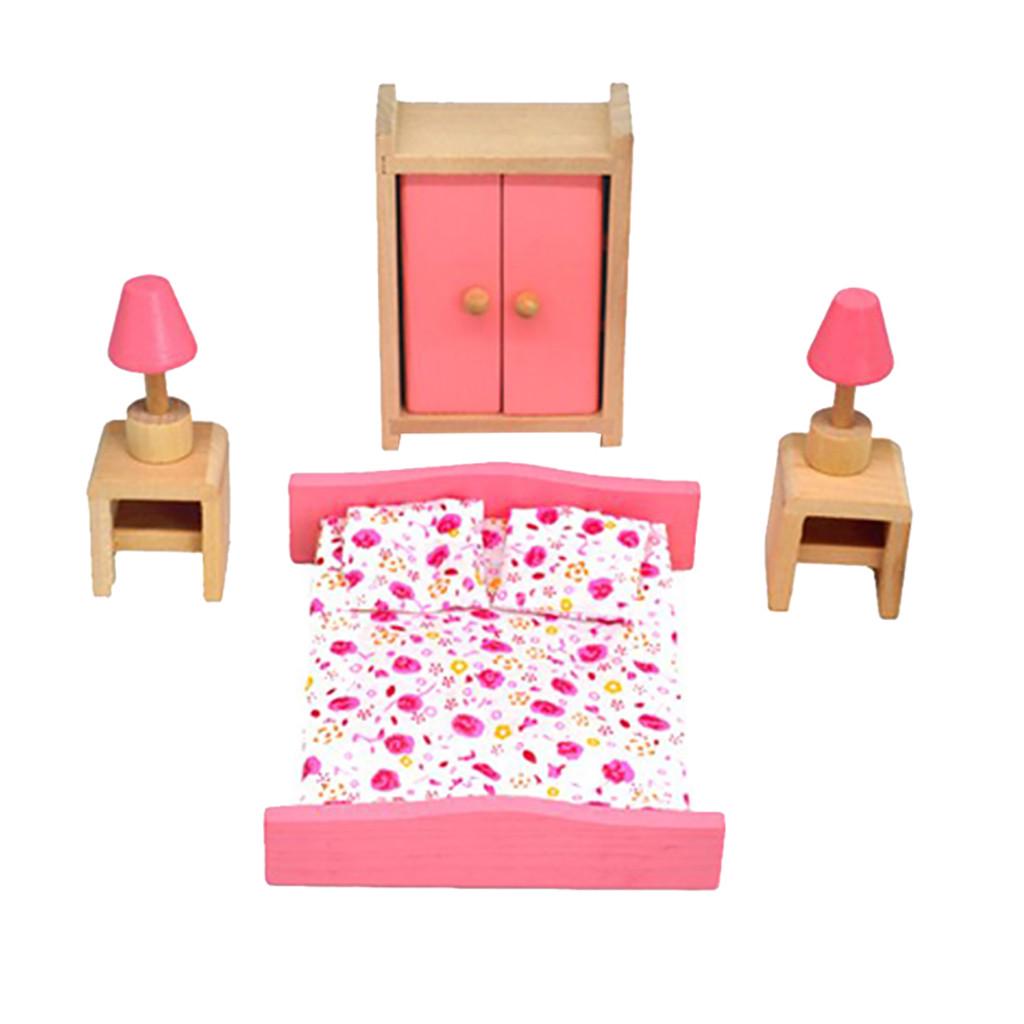 

Wooden Doll House Furniture Set With Accessories For Dollhouse розовый