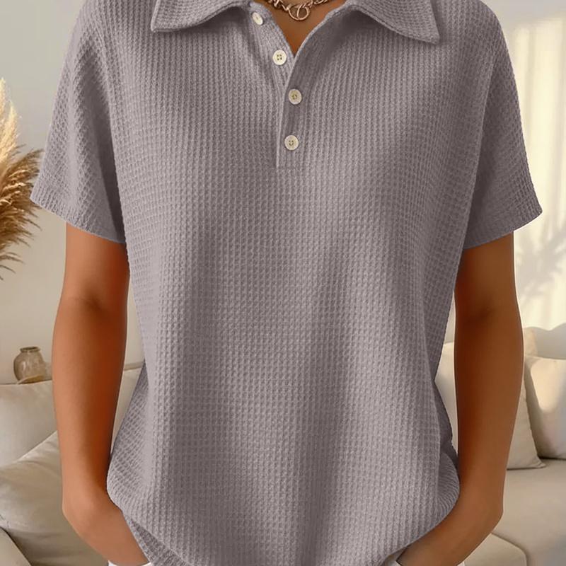 Women's Polo Collar Waffle Knit Long Sleeve Top Loose Fit Casual Pullover