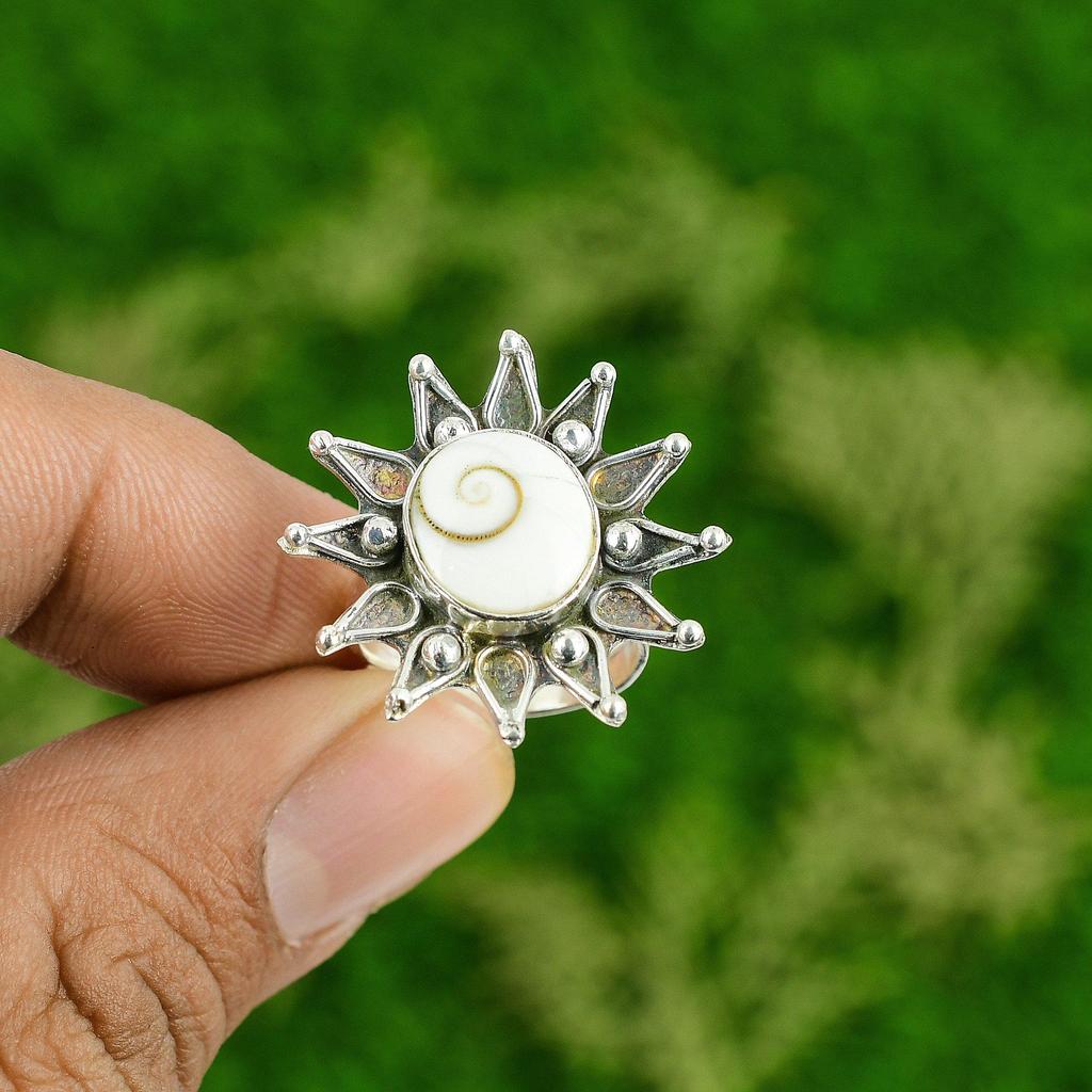 Natural Shiva Eye Shell Gemstone Promise Flower Adjustable Ring 925 Silver