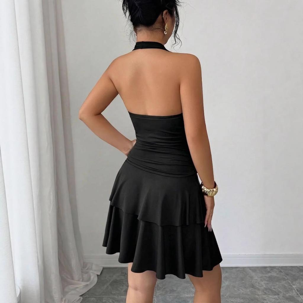 European and American summer new hot-selling black neck metal buckle pleated thin hip-wrapped dress