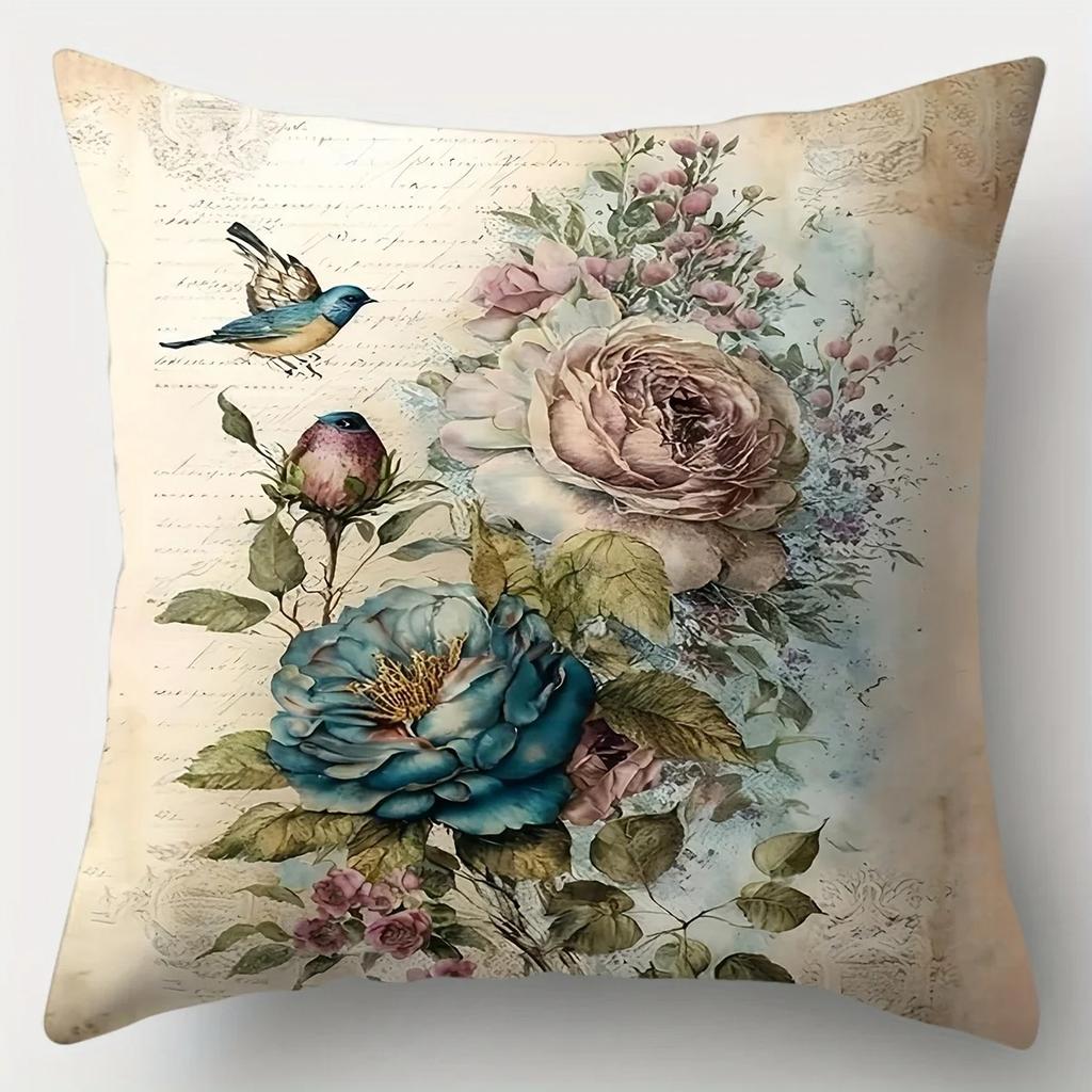 Home Decor Floral & Bird Pattern Decorative Pillow Covers Pattern Cushion Cover Suitable For Sofa Bedroom Car Pillow Cover