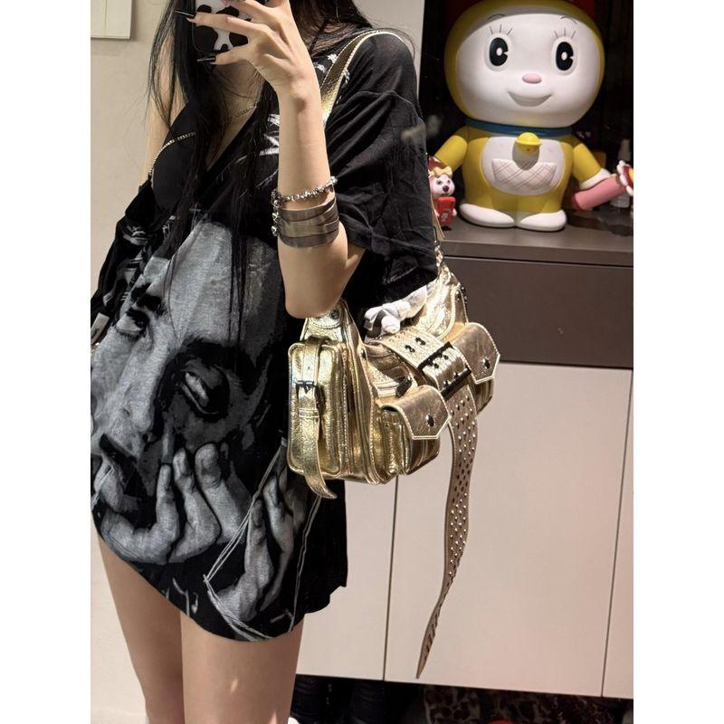 

Punk Style Retro Personalized Rivet Motorcycle Bag Women Trendy Large Capacity Sweet Cool Gyaru Underarm Bag Shoulder Messenger Bag Gold