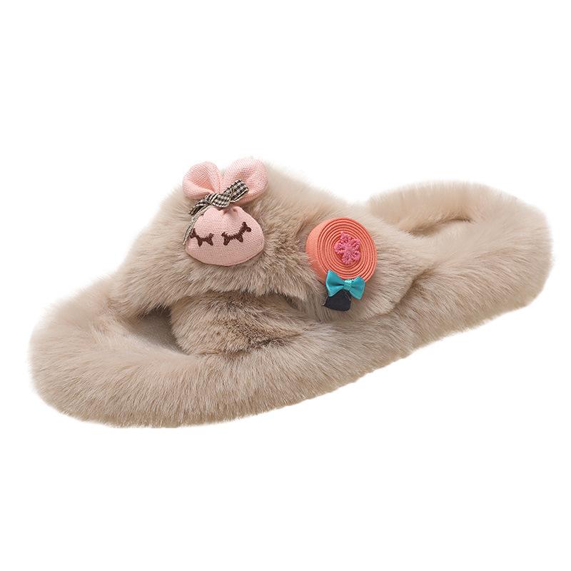 Cross-hairy slippers women's autumn new outer wear flat-bottomed slippers fashion flip-flops