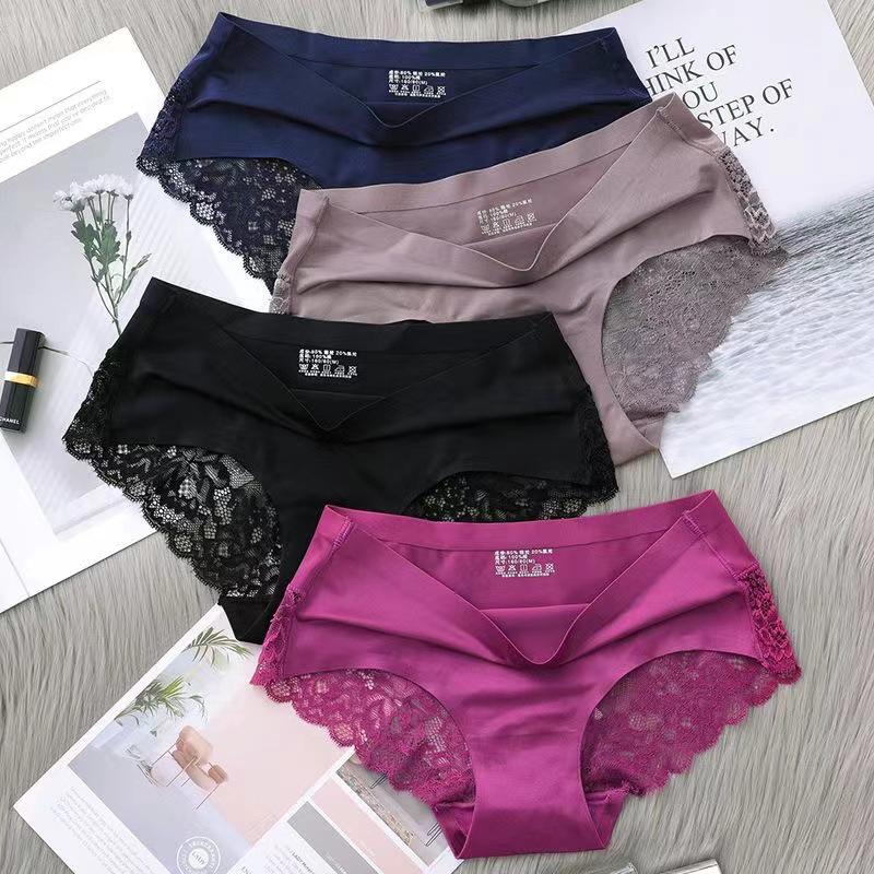 Women's Ultra-Thin Ice Silk Lace Mid-Waist Panties - Seamless, Breathable, Cotton Crotch, Plus Size, Sexy, Skin-Friendly Triangle Design