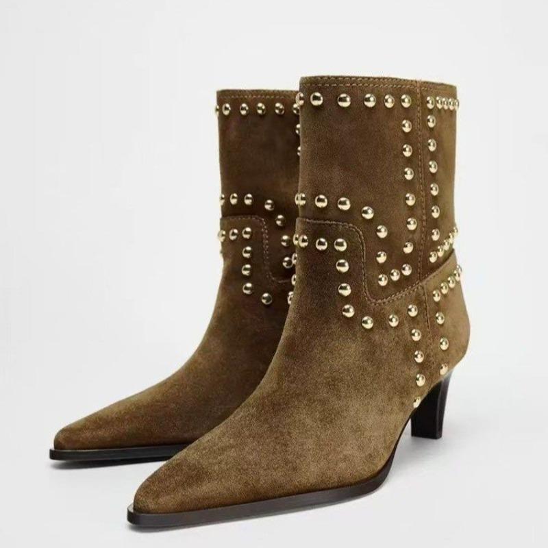 

High Heeled Short Boots for Women in 2026 New Large Size Autumn Pointed Thin Heel French Rivet Solid Color Women s Boots 35