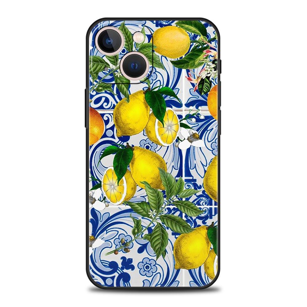 

Mediterranean Lemon For iPhone 11 12 13 15 14 Pro Max Phone Case X XR XS 7 8 Plus SE 2020 Luxury Black Silicone Cover Funda iPhone 11