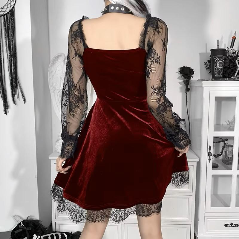 Grunge Goth Gothic Black Mini Dress Lace Trim High Waist Bodycon Women Vintage Punk Lolita Cloth