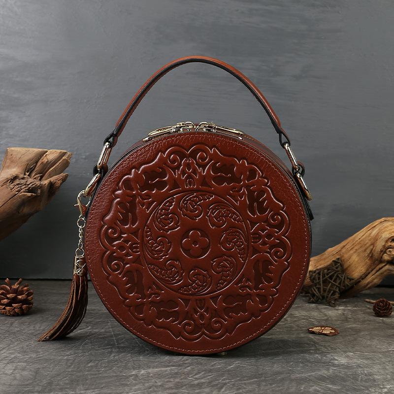 

Embossed Small Round Bag, Transfer Handbag, Genuine Leather Bag, High-end Ladies Single-shoulder Crossbody Bag