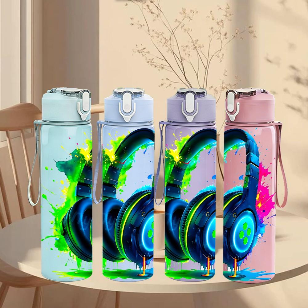 1PC Neon Color Headphone 750ml Color Plastic Sports Water Bottle Leakproof Flip Straw Lid Suitable for Sports Office Home Use