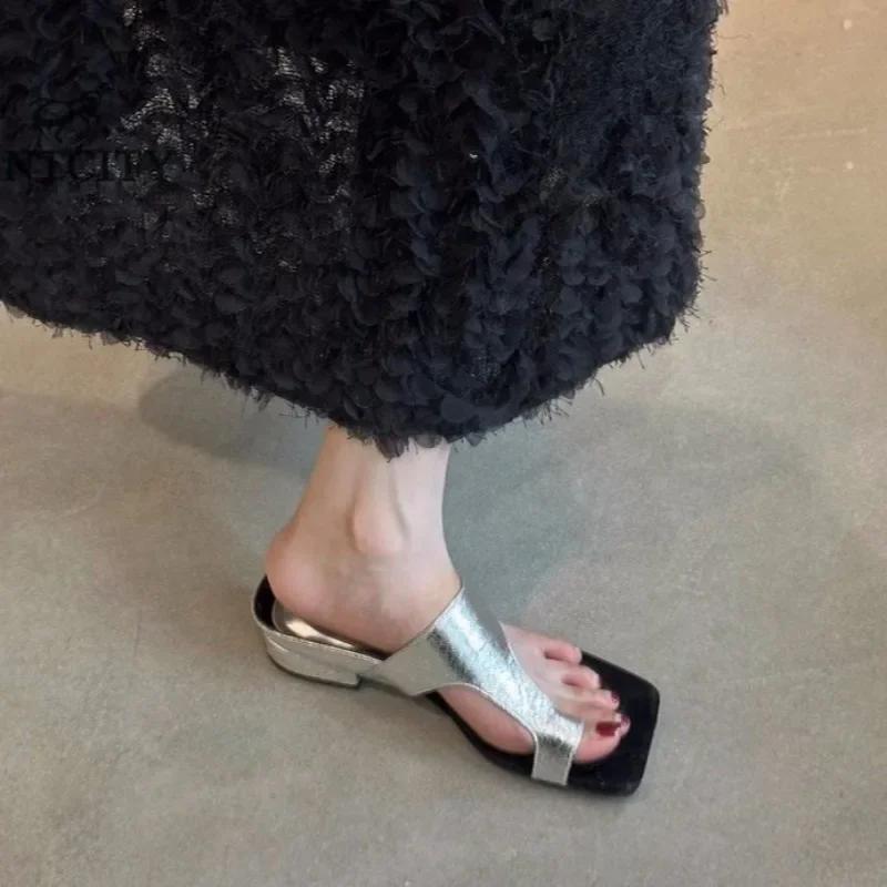 Fashion 2025 New Summer Slippers Women's Fashion Square Toe Cover Bright Leather Soft Soled Anti-slip Wear-resistant Sole Heel Shoes