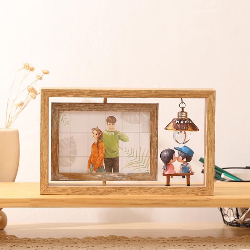 6-Inch Modern Double-Sided Rotating Wooden Photo Frame & Album with Wood Carving Ornament