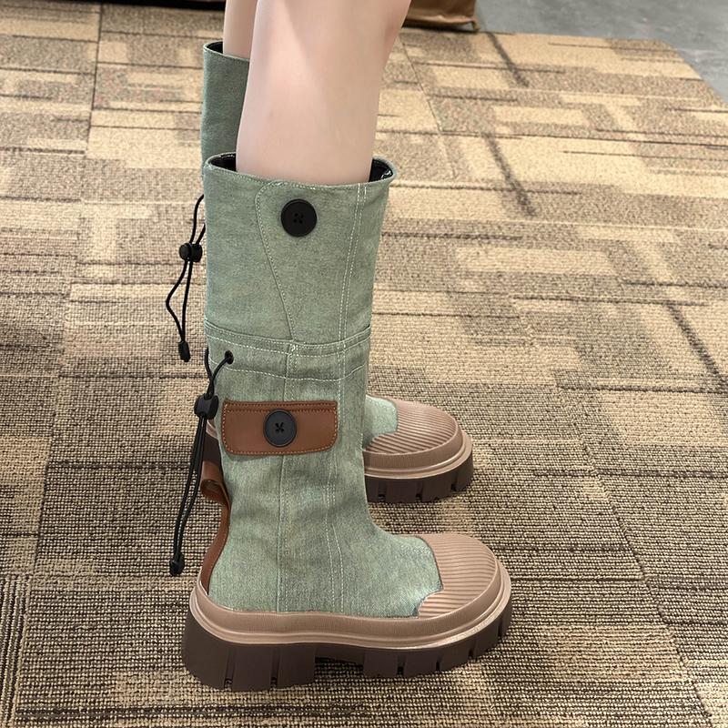 Bottes de cowboy occidentales de style rétro pour femmes, bottines longues à talons épais et à la mode, chaussures en denim pour femmes, automne et hiver