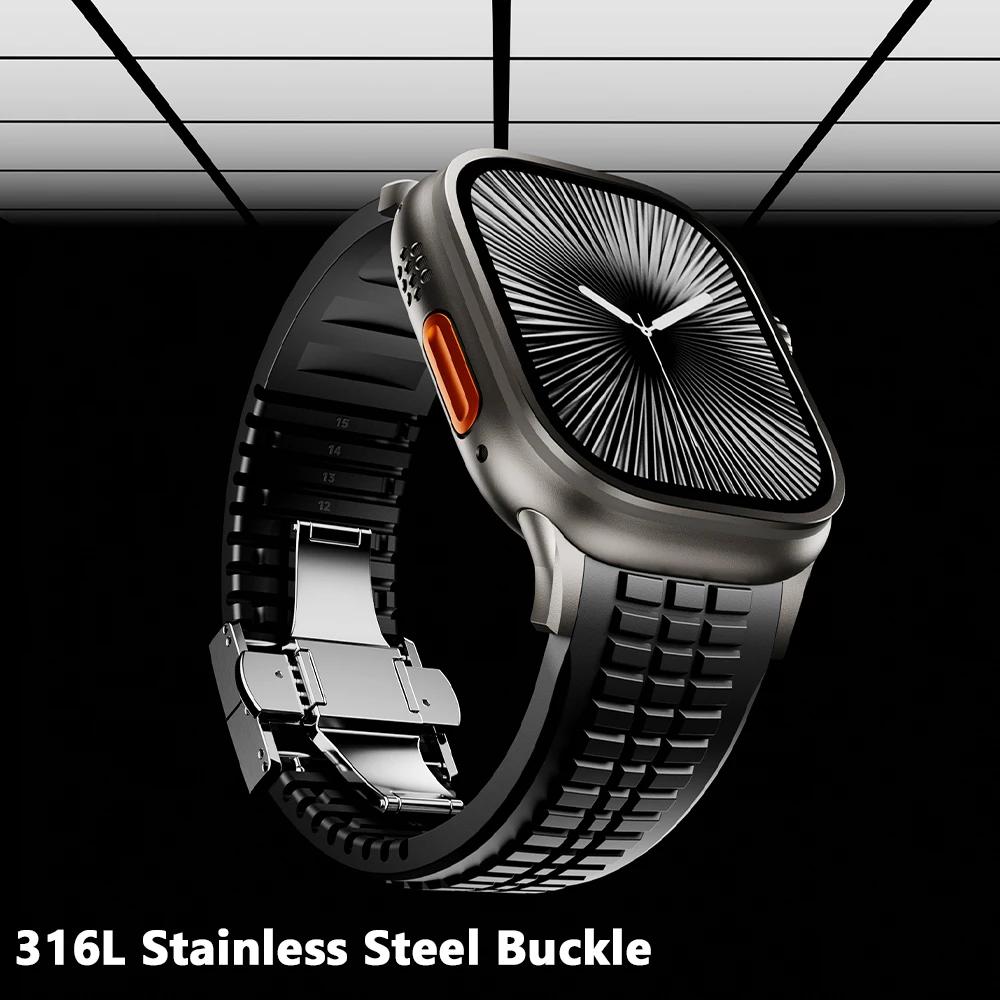 Sports Silicone Band for Apple Watch Ultra 3/2 49mm 46mm 45mm 44mm Luxury Metal Bracelet for iWatch Series 11 10 9 8 7 Se Strap