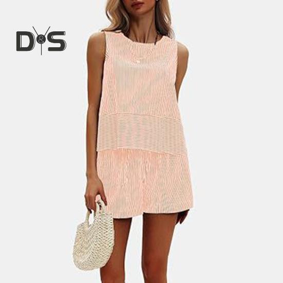 Γυναικεία καλοκαιρινά 2 τεμάχια, σετ αμάνικα σορτς με φανελάκι, casual ριγέ φόρμα, σετ για διακοπές και παραλία, ασορτί σετ